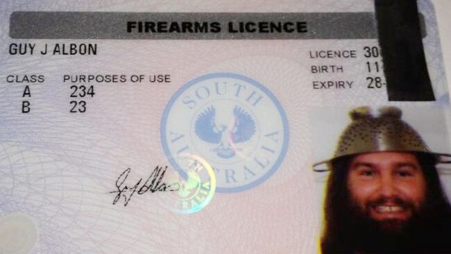 Church of the Spaghetti Monsters member Guy Albon’s firearms licence with the colander on his head. Picture: Facebook