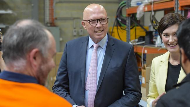 Opposition Leader Peter Dutton visits a local business in the Labor-held Adelaide seat of Boothby. Picture: Roy VanDerVegt/NewsWire