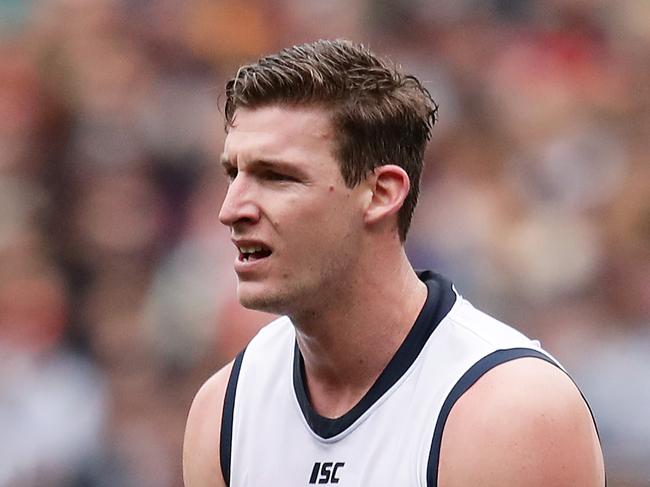 Josh Jenkins kicks for goal for the Crows during the Round 19 between the Carlton Blues and the Adelaide Crows at the MCG. Picture: AAP Image/David Crosling