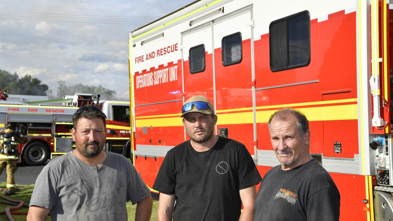 After rushing to save what they could and dampen down before fire crews arrived are (from left) Nick Cavanagh, Jeremy Shipp and Paul Mould at the Gulligal St fire in Kingsthorpe, Monday, December 28, 2020. Picture: Kevin Farmer