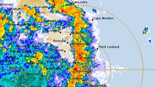 The massive band of storms hitting southeast Queensland. Photo: BOM