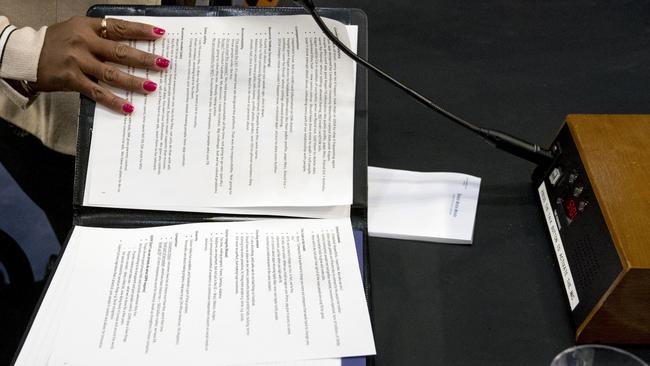 Mark Zuckerberg’s binder of notes lwas briefly visible while he took a break. Picture: AP.