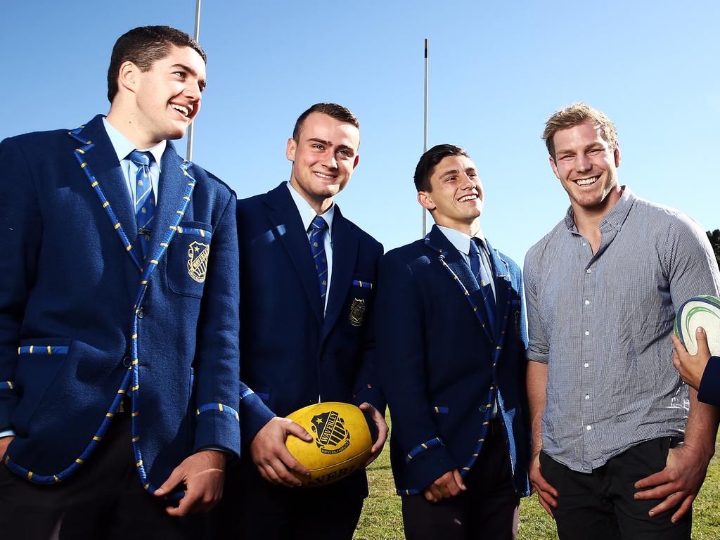 David Pocock, with Waverley students Ben Donaldson, Ben Patterson and Tyzac Jordan in 2016. Picture: Tim Hunter.