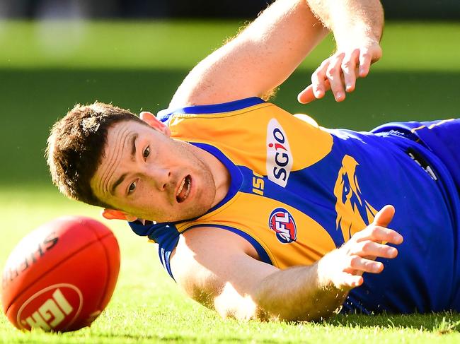 PERTH, AUSTRALIA - MAY 20: Jeremy McGovern of the Eagles reaches for the ball during the 2018 AFL round nine match between the West Coast Eagles and the Richmond Tigers at Optus Stadium on May 20, 2018 in Perth, Australia. (Photo by Daniel Carson/AFL Media/Getty Images)