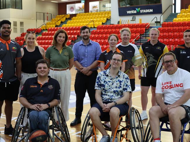 Minister for Sport Anika Wells and Member for Solomon Luke Gosling join NT Para athletes, including Greg Franks, to celebrate the launch of the AIS Para Athlete Barrier Fund. Picture: Mitchell Hearne.