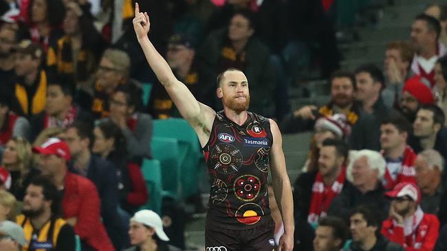 Jarryd Roughead celebrates his match-winning goal against Sydney last year. Picture: Phil Hillyard