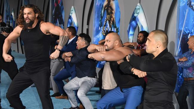 Jason Momoa lead a performance of a Haka at the premiere. Picture: AFP 