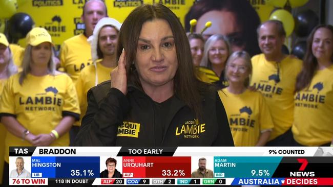 Jacqui Lambie appears on Seven's election coverage, May 3, 2025. Picture: Channel 7