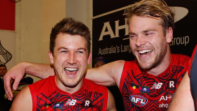 Jack Trengove celebrates a win with Jack Watts in their Demon days. Picture: Michael Dodge/Getty Images