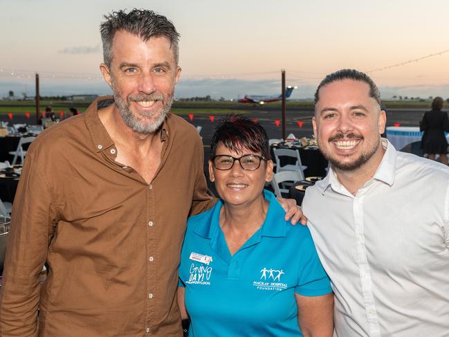 Rob Kidd, Brenda McFadzen and John Wilson at Dinner on the Runway for Mackay Hospital Foundation, Mackay Airport Friday 8 September 2023 Picture: Michaela Harlow