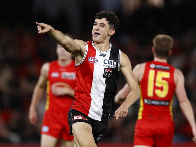 MELBOURNE, AUSTRALIA - APRIL 08: Anthony Caminiti of the Saints celebrates a goal  during the round four AFL match between St Kilda Saints and Gold Coast Suns at Marvel Stadium, on April 08, 2023, in Melbourne, Australia. (Photo by Darrian Traynor/Getty Images)