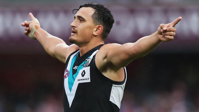 Port Adelaide's Sam Powell-Pepper celebrates a goal during the win over the Sydney Swans. Picture: Phil Hillyard