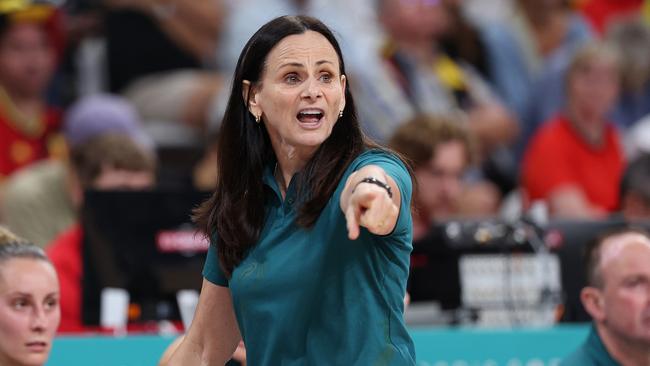 LILLE, FRANCE - JULY 29: Team Australia head coach Sandy Brondello gives instructions during the Women's Group Phase - B match between Team Nigeria and Team Australia on day three of the Olympic Games Paris 2024 at Stade Pierre Mauroy on July 29, 2024 in Lille, France. (Photo by Gregory Shamus/Getty Images)