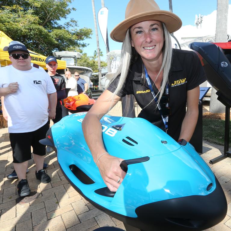 Ally Hodge of JSW Power Sports shows off a Seabob at the Sanctuary Cove International Boat Show. Picture: Mike Batterham