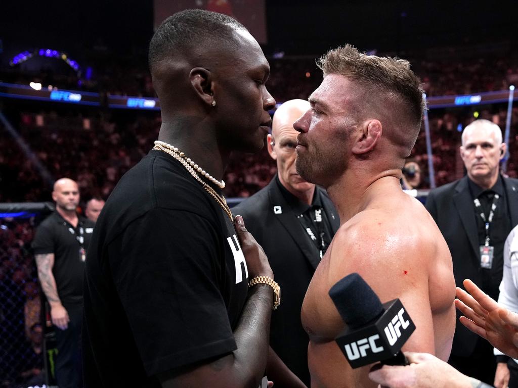 Israel Adesanya (L) fights Dricus du Plessis (R) at UFC 305 in Perth in August. Picture: Jeff Bottari/Zuffa LLC via Getty Images