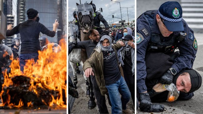 Violent protests erupted near the Melbourne Convention Centre on Wednesday. Picture: Getty Images / Jake Nowakowski