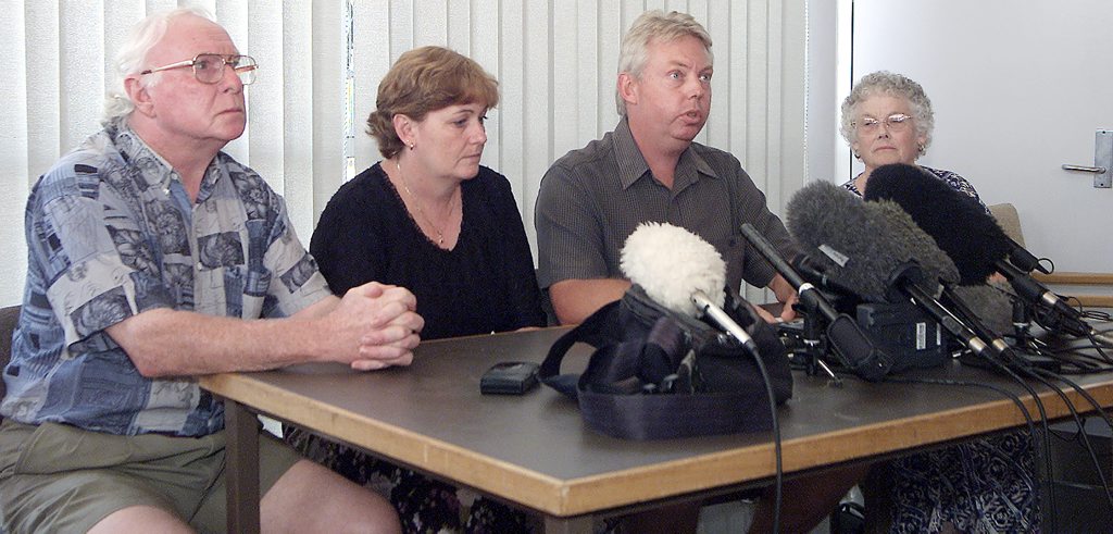 The Morcombes and their parents at a public appeal. Kevin Beavis, Denise and Bruce Morcombe, Monique Beavis. Picture: Nicholas Falconer