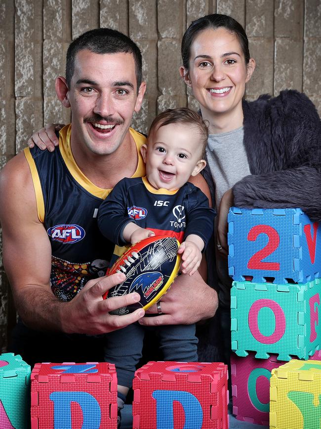 Walker with son Hugo and wife Ellie ahead of his 200th game in 2020. Picture Sarah Reed