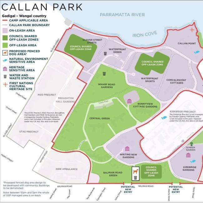 The updated map for Callan Park showcasing the new designated off-leash zones. Picture: Supplied