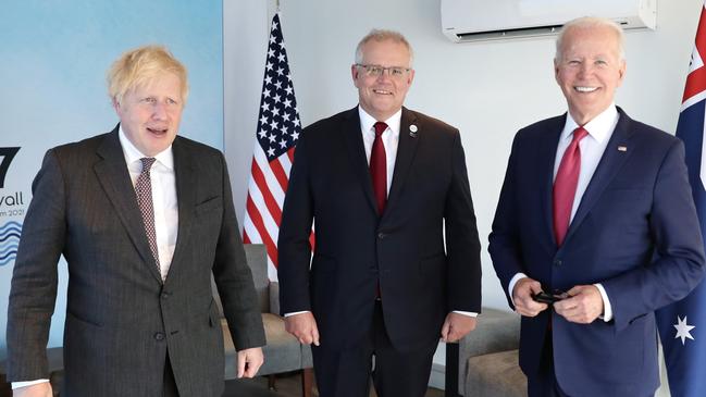 The AUKUS trio lll Boris Johnson, Scott Morrison and Joe Biden during the G7 leaders meeting in Cornwall, UK, on June 12, 2021. Picture: Adam Taylor/PMO