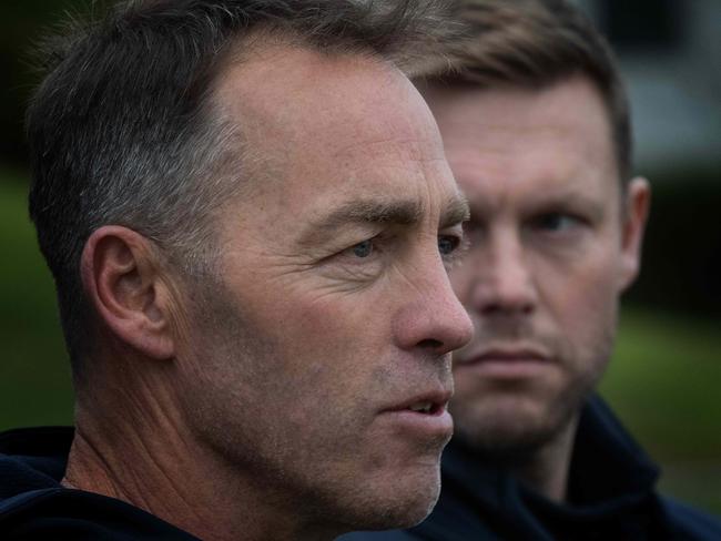 Alastair Clarkson and Sam Mitchell at the press conference to announce their coaching handover. Picture: Tony Gough