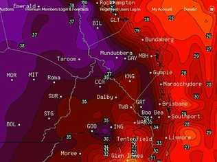 SCORCHER FRIDAY: The map above shows Gympie will bear the brunt of some hot weather which is set to break a four year record. Picture: Higgins Storm Chasing