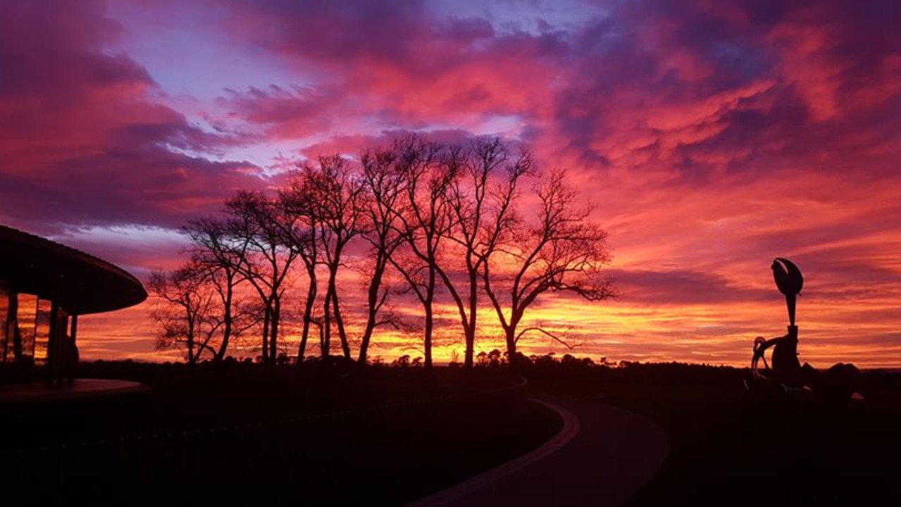 The sun rises on the sculpture park at Point Leo Estate in Victoria. Picture: Paul O'Connell