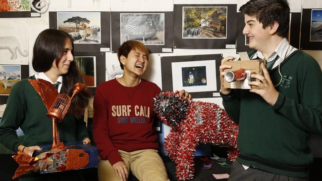Marsden High Students with their entries to the Ryde Council Sustainable Waste to Art Prize. Pictured (left) is Sasha Avvali, 13, Kay Kornpathsorn, 18, and Zane Mestousis, 13.