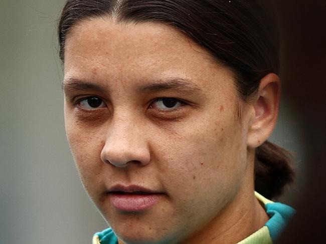 BRISBANE, AUSTRALIA - JULY 17: Sam Kerr during an Australia Matildas training session ahead of the FIFA Women's World Cup Australia & New Zealand 2023 Group B match between Australia and Ireland at Queensland Sport and Athletics Centre on July 17, 2023 in Brisbane, Australia. (Photo by Chris Hyde/Getty Images)