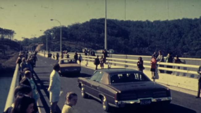 People line The Rip Bridge as the first cars cross after official opening in 1974.