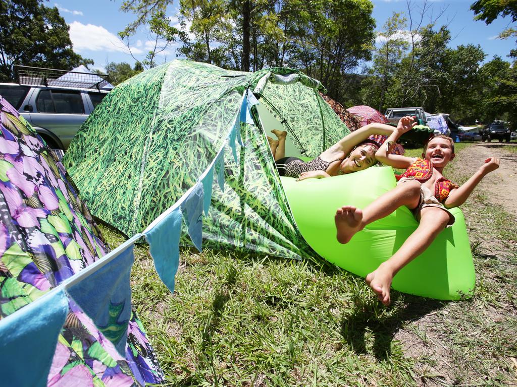 Clare Casey and Bodhi Freeman, 10, at the Woodford Folk Festival. Picture: Claudia Baxter/AAP