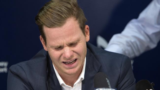 A devastated Steve Smith at the press conference at Sydney airport on Thursday night.