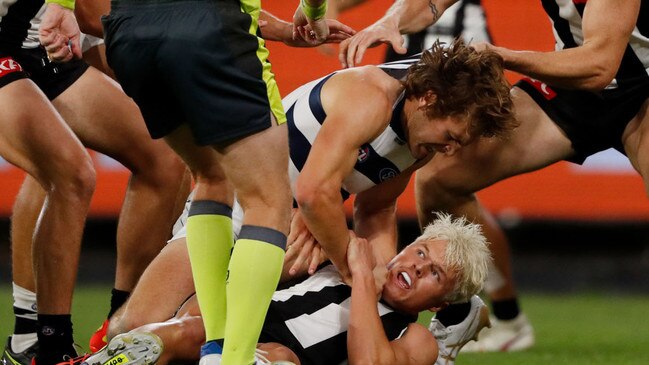 Atkins took down Ginnivan (Photo by Dylan Burns/AFL Photos via Getty Images)