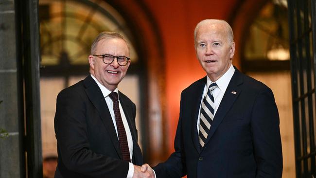 Joe Biden bids farewell to Anthony Albanese at the end of the Quad summit in Delaware in September. Picture: AFP