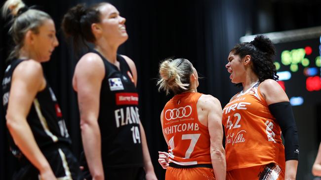 Sami Whitcomb and Amanda Zahui B of the Fire celebrate during the WNBL match between Sydney Flames v Townsville Fire at Quay Centre, on December 16, 2023, in Sydney, Australia. (Photo by Mark Kolbe/Getty Images)