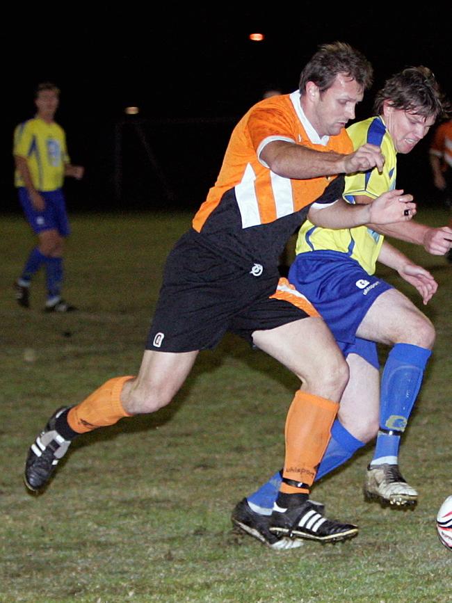 Shaun Blackman of Buderim jostles with Kawana’s Ryan Smith back in the day. Picture: File