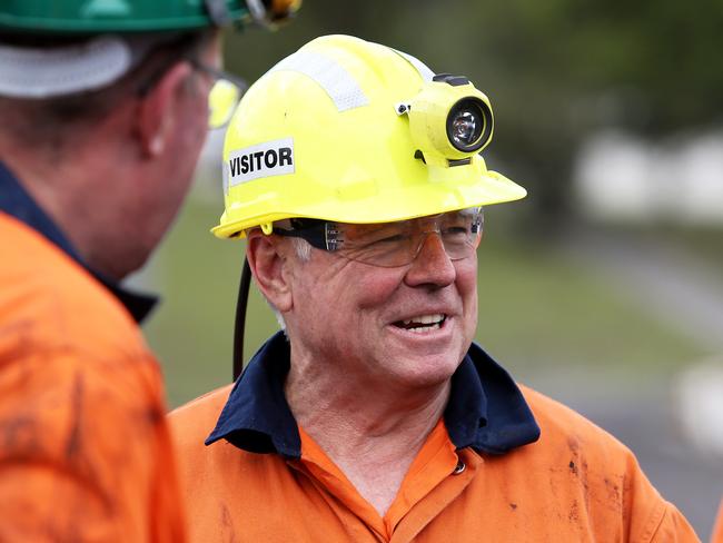 Politician  Joel Fitzgibbon come out of the drift with mine workers at Centennial Coal, Mandalong Mine, following a tour underground. Picture by Peter Lorimer