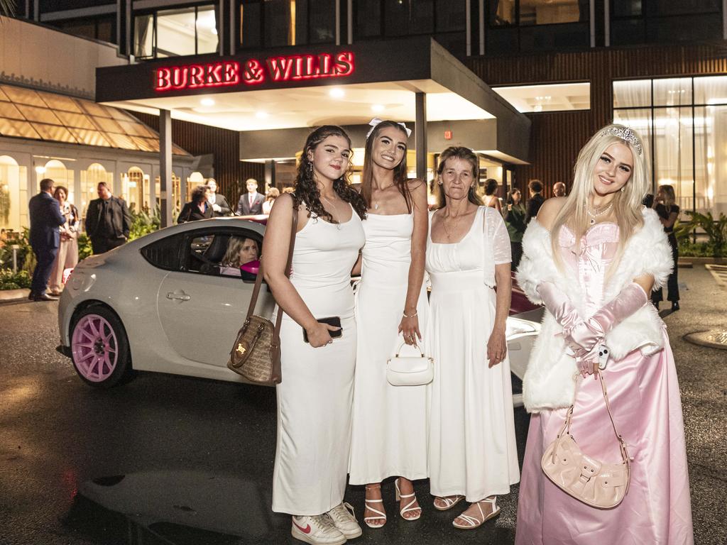 Toowoomba Flexi School graduate Shanyce Paige (front) with (back, from left) Rahni McIntosh, Roxanne Ashley and Annette Keogh at the formal at Burke and Wills Hotel, Thursday, October 10, 2024. Picture: Kevin Farmer