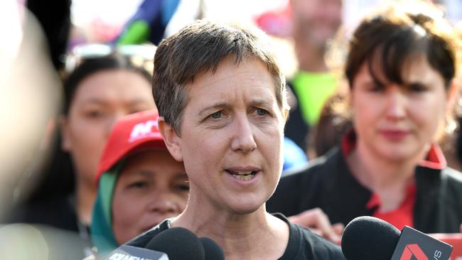 ACTU secretary Sally McManus speaks to the media as union workers protest for better pay and more secure jobs in Melbourne. Picture: AAP