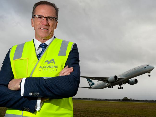 CEO of Melbourne Airport Lyell Strambi on the tarmac. The airport needs a third runway to accommodate the increased demand for air travel. Picture: Andrew Henshaw