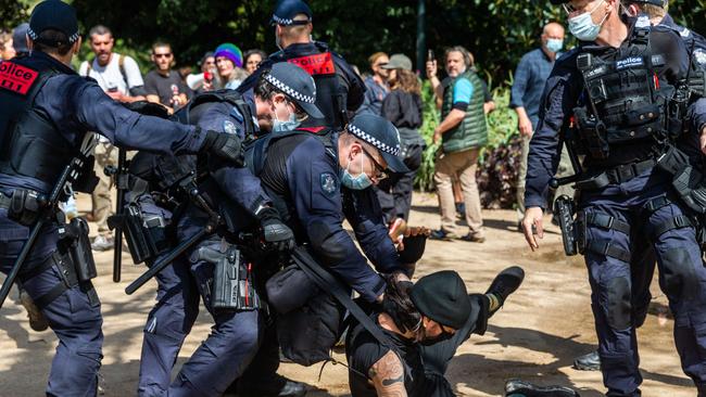 Dan Andrews’ draconian orders led to protests such as those near the Royal Botanic Gardens on Saturday. Picture: Sarah Matray