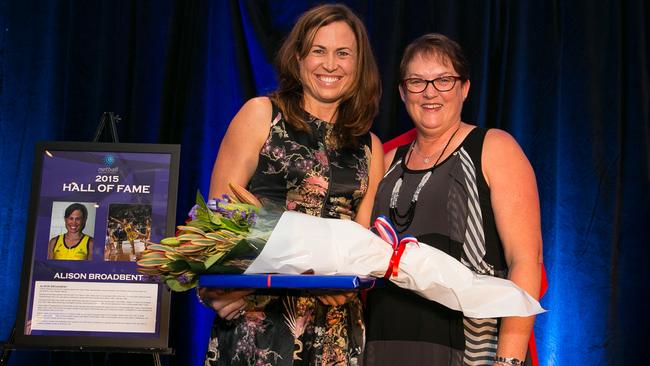 Netball NSW President Wendy Archer with Hall of Fame inductee Alison Broadbent at the 2015 Netball NSW State Dinner. Picture: Narelle Spangher/ Netball NSW.