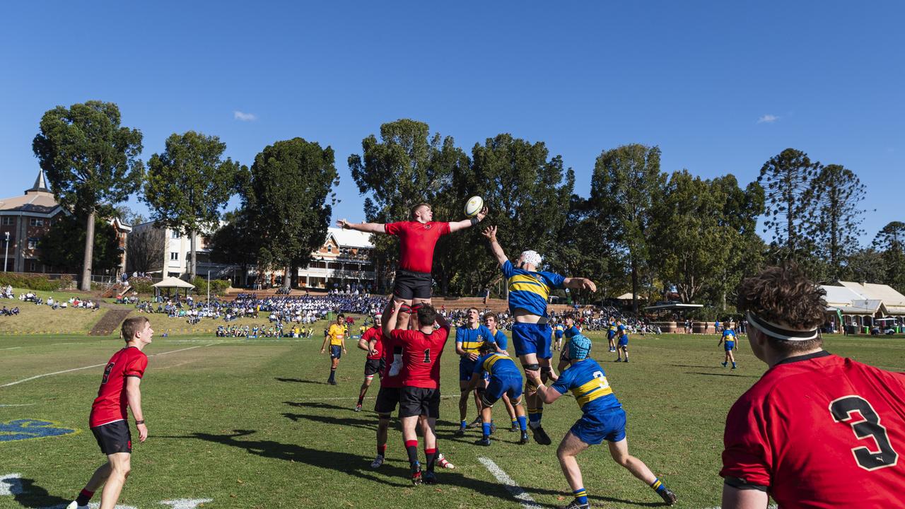 Nate Wines wins the ball for Terrace in Toowoomba Grammar School 1st XV against St Joseph's College, Gregory Terrace. Picture: Kevin Farmer