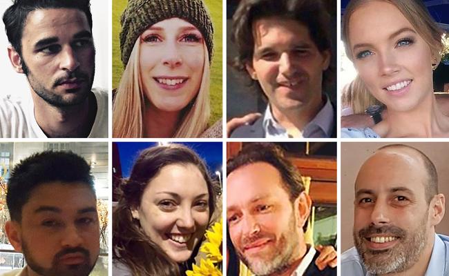 The eight people killed during the London terror attack: Alexandre Pigeard, Christine Archibald, Ignacio Echevarria, Sara Zelenak. Bottom from left: James McMullen, Kirsty Boden, Xavier Thomas and Sebastien Belanger. Picture: AFP