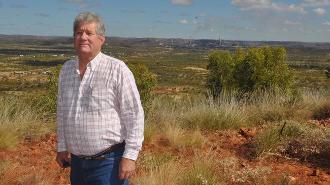 Former Mount Isa Mayor John Molony, with the mining city in the background, became notorious for comments labelled as sexist, which prompted an Akubra to be named the “Honest John”.