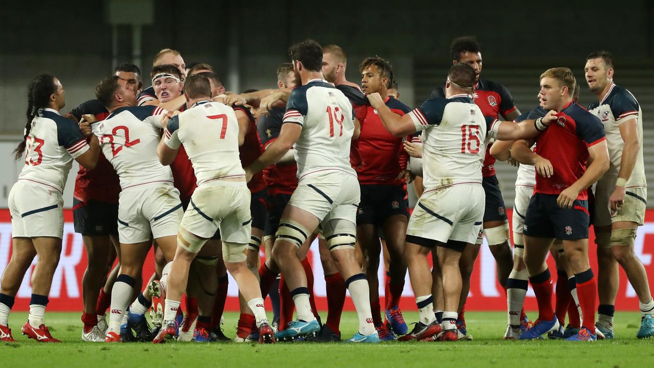 Players clash during the Rugby World Cup 2019 Group C game.