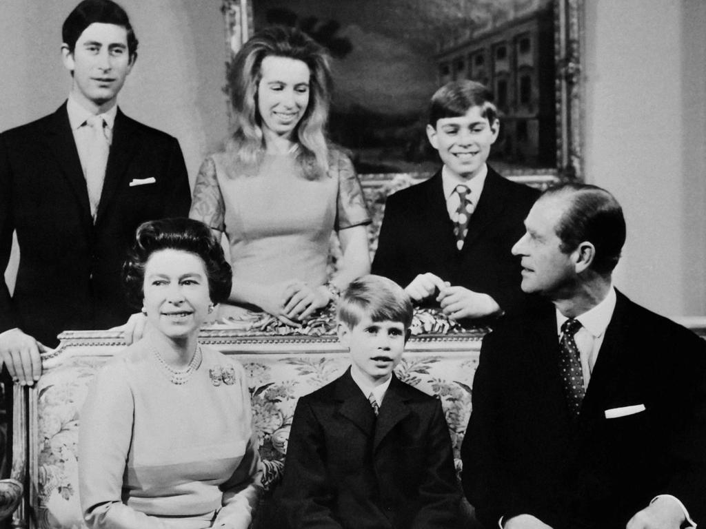 The Royal family in 1972. Queen Elizabeth II and Prince Philip, Duke of Edinburgh, with their children, Princes Charles (left), Andrew (right) and Edward (centre) and Princess Anne as they celebrate their Silver Wedding anniversary at Buckingham Palace. Picture: AFP