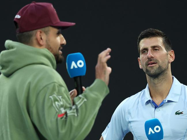 Novak Djokovic interviewed by Nick Kyrgios during the 2024 Australian Open. (Photo by Daniel Pockett/Getty Images)