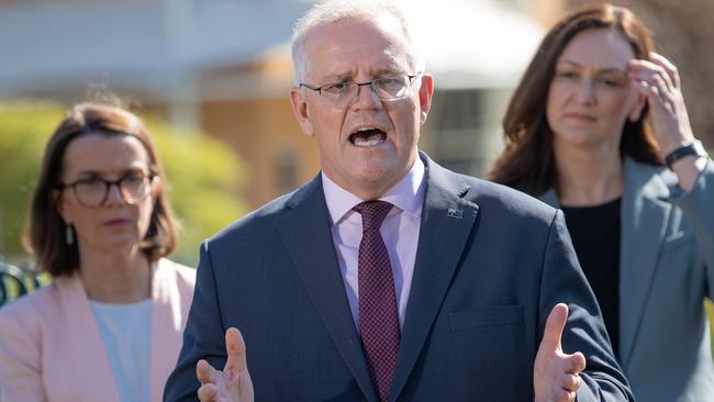 Prime Minister Scott Morrison with Anne Ruston (left) and Maria Kovacic, Liberal Candidate for Parramatta. Picture: Jason Edwards