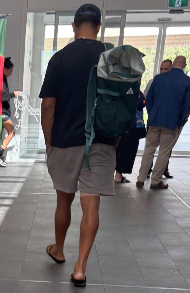 Latrell Mitchell at Souths HQ with strapping on his right hamstring.